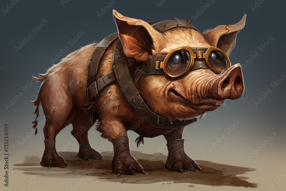A whimsical mammal figure, resembling a pig with a snout like a rhino, dons goggles and a harness in this cartoon-style art piece