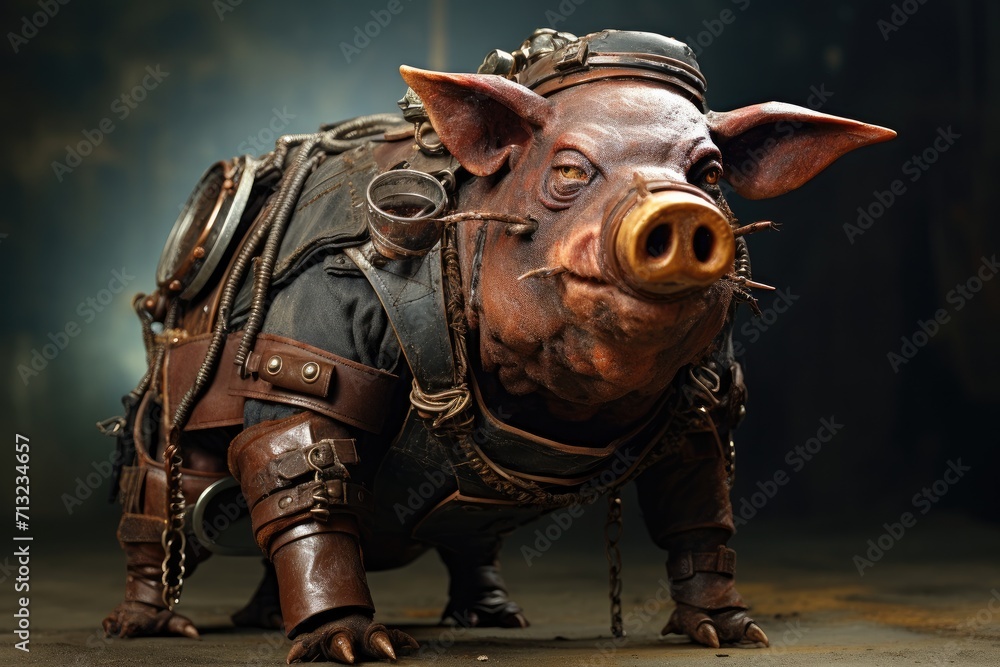 A whimsical painting of a majestic pig statue wearing a flowing garment, standing proudly on the ground as a symbol of grace and beauty in the animal kingdom