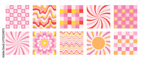 Groovy hippie 70s backgrounds and patterns. Waves, swirl, twirl pattern with sun, daisy, flower. Twisted and distorted vector texture in a trendy retro psychedelic style. Y2k aesthetic illustration