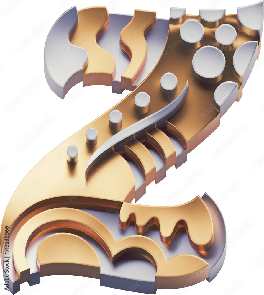 3d rendered golden and silver letter with decorative abstract surface