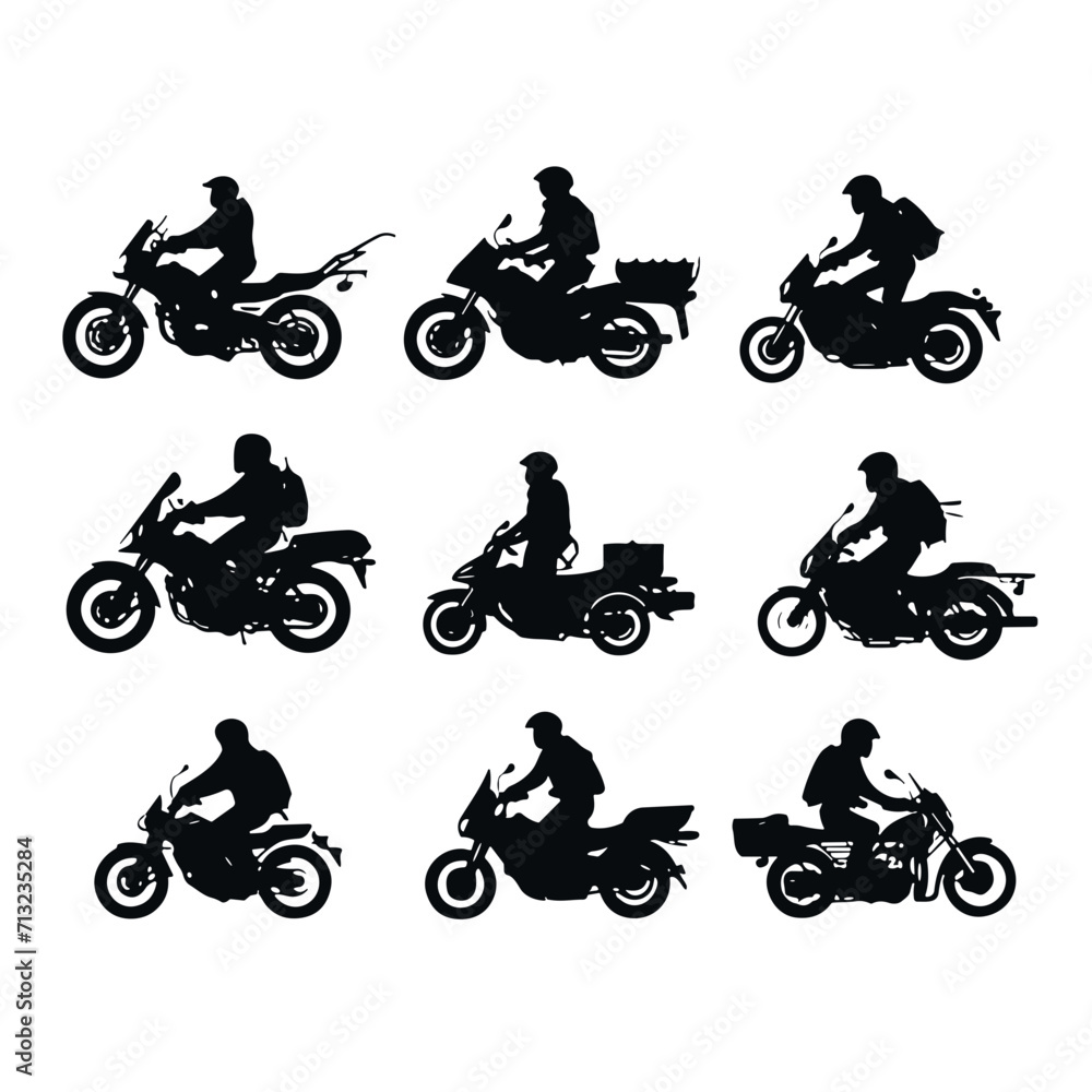 Naklejka premium bike, silhouette, motorcycle, vector, bicycle, sport, illustration, motocross, motorbike, motor, biker, extreme, race, child, cycling, people, speed, black, transport, ride, vehicle, wheel, jump, ridi