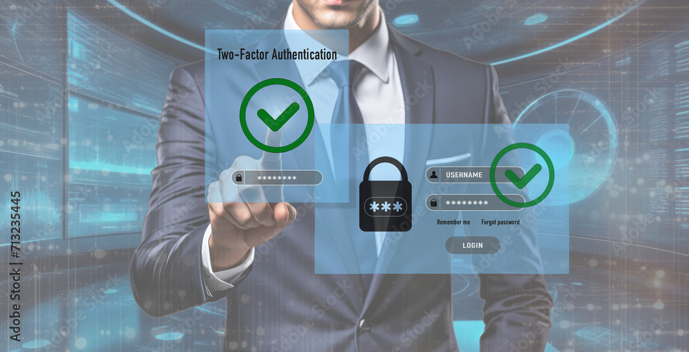 Businessman touch a dashboard to authenticate with two factor authentication. Cyber security concept - obrazy, fototapety, plakaty 