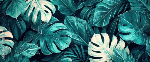 Exotic Jungle Foliage: A Vibrant Floral Pattern of Green Leaves and Palm Trees - Nature's Beauty in a Seamless Wallpaper Print