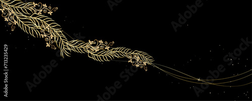 Vector art deco luxury flower, leaves line pattern, golden background. Golden botany banner. Japanese style Hand drawn vector. Line art style design. Hand drawn florals for packaging,coveand wall arts