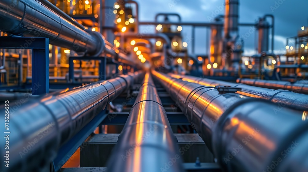 Close-up of a pipeline and pipe rack in a plant for producing ammonia, hydrogen, chemicals, or oil, Generative AI. - obrazy, fototapety, plakaty 