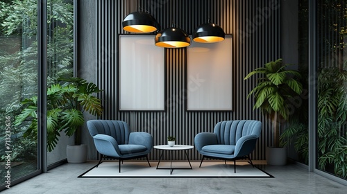 Chic office waiting space including a replica of a banner on a striped wall and pendant lighting, Generative AI. photo