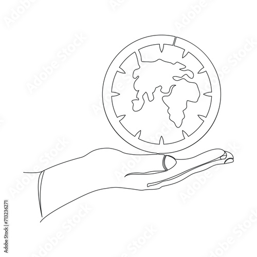 Continuous one line drowing of earth clock and Earth hour concept single line art illustration.
