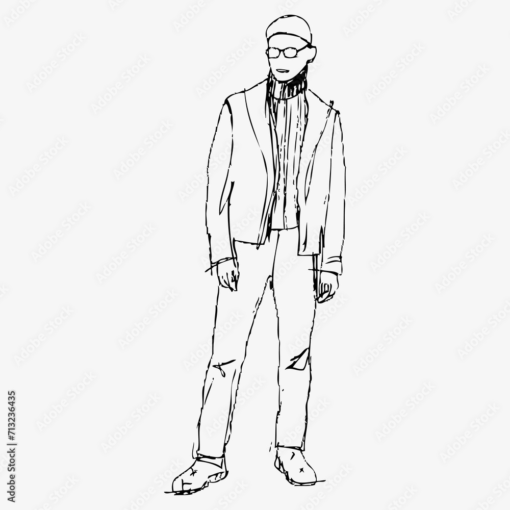 Young man, hand sketch ink pen fictional character. Flat vector illustration isolated on white