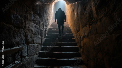 the silhouette of a man climbing stone stairs from a dark basement through a narrow stone brick tunnel to the light