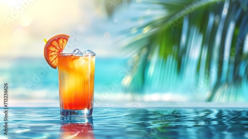 During summer a cocktail glass rests on the water's surface by the swimming pool with copy space, Generative AI.