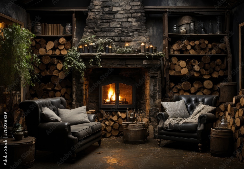 A cozy living room with a woodburning stove, stone fireplace, and plush couches creates the perfect indoor retreat for relaxation and warmth in a rustic building A cozy living room with a woodburning stove, stone fireplace, and plush couches creates the perfect indoor retreat for relaxation and warmth in a rustic building