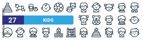 set of 27 outline web kids icons such as pyramid, infant, girl, girl, teddy bear, girl, boy vector thin line icons for web design, mobile app.