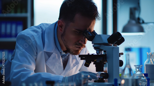 Homem Cientista olhando um microscópio   photo