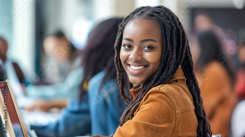 Garota afro na escola sorrindo olhando para trás photo