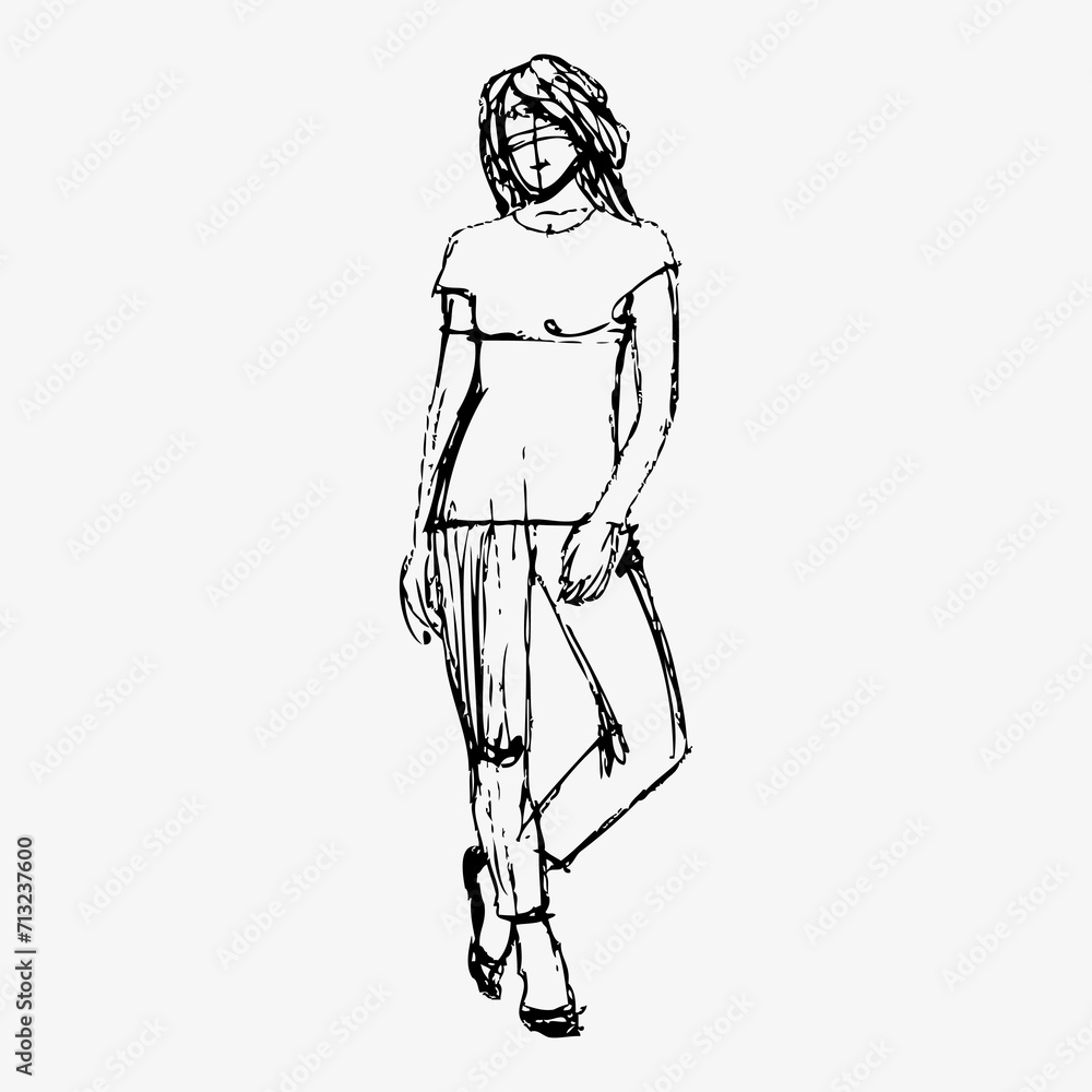 Young beautiful girl, hand sketch ink pen fictional character. Flat vector illustration isolated on white