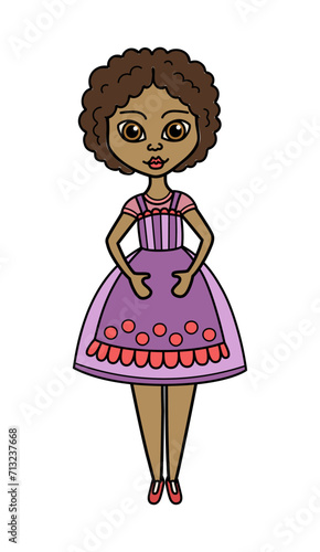 Cartoon woman hand drawn flat illustration. Cute girl in housewife dress.