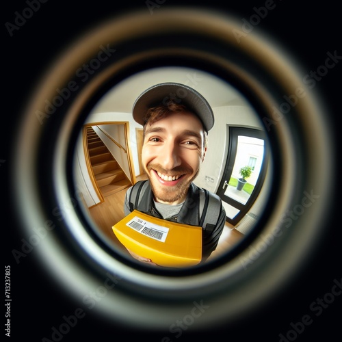 Delivery man in the door peephole with a package. Joyful courier against the backdrop of a corridor, window and stairs.
 photo