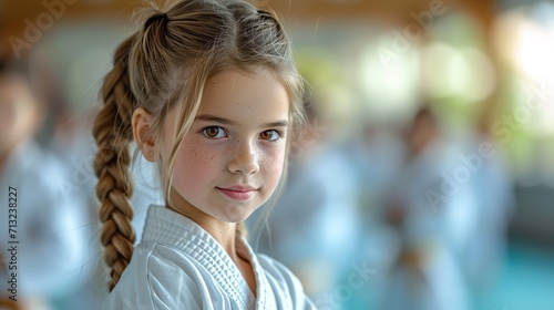 Portrait of a cute little girl in karate class with a big copy space, Generative AI.