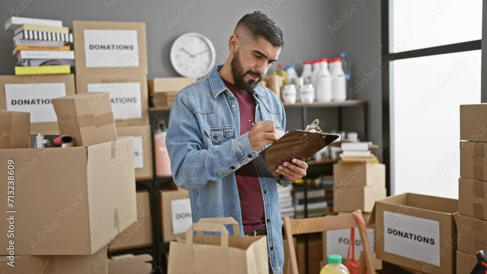 A focused man with a beard taking inventory in a donation center full of cardboard boxes and supplies. A focused man with a beard taking inventory in a donation center full of cardboard boxes and supplies.