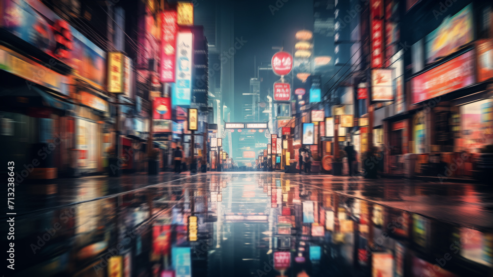 Modern Chinese city nights: Neon-lit vibrant cityscape, empty streets, red lights of advertising, shops, and restaurants. Blurred, unfocused travel concept image. - obrazy, fototapety, plakaty 