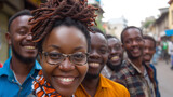 a group of black people, mostly men, standing in the street, one behind the other and smiling, with a woman in glasses in front of them, all happy and carefree