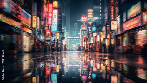 Modern Chinese city nights: Neon-lit vibrant cityscape, empty streets, red lights of advertising, shops, and restaurants. Blurred, unfocused travel concept image.