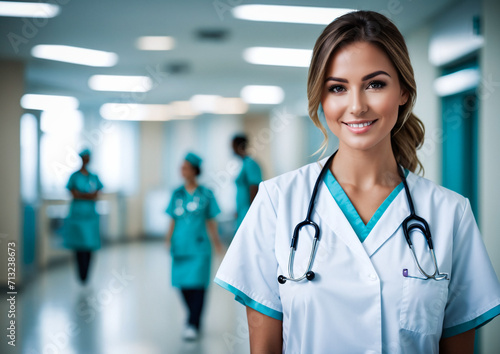 Portrait of a beautiful young nurse student in hospital, doctor with stethoscope, young nursing students