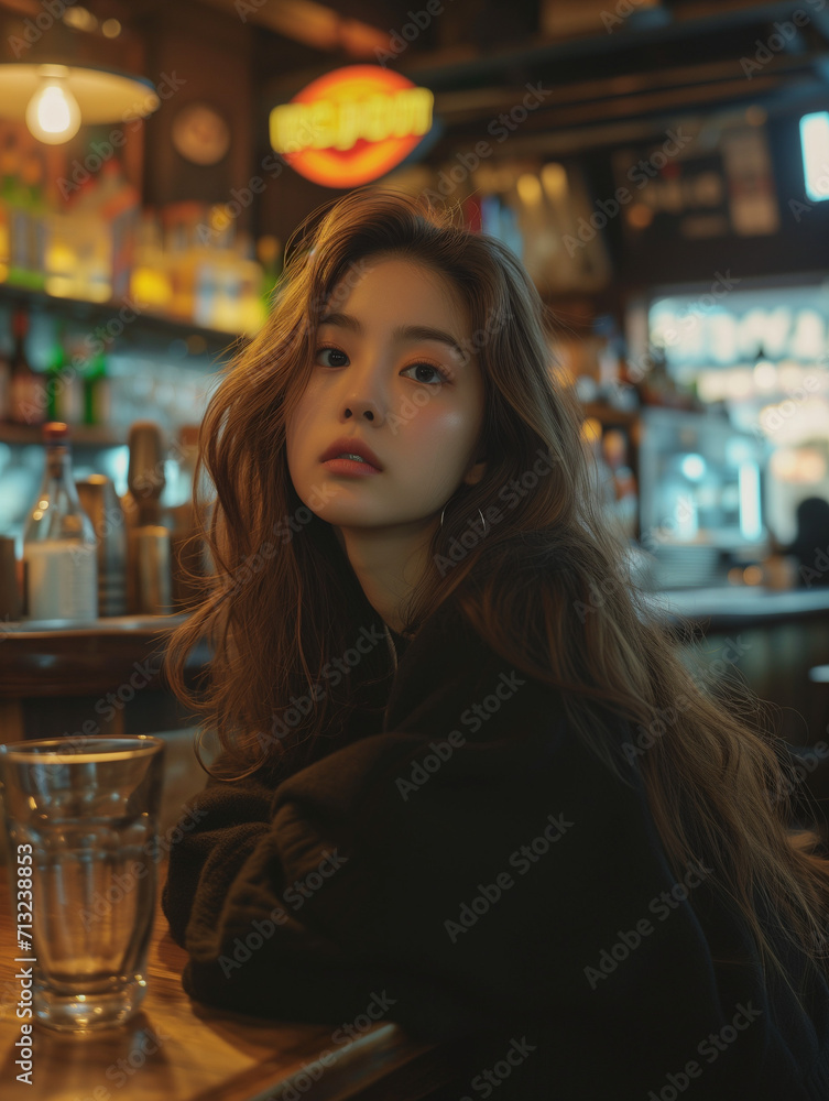 Attractive korean girl sitting in pub with a glass of beer. Brunette girl sitting in bar with seductive look.