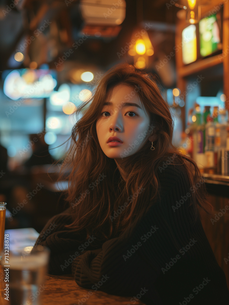 Attractive korean girl sitting in pub with a glass of beer. Brunette girl sitting in bar with seductive look.