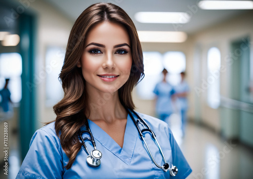 Portrait of a beautiful young nurse student in hospital, doctor with stethoscope, young nursing students