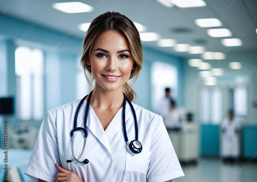 Portrait of a beautiful young nurse student in hospital, doctor with stethoscope, young nursing students Portrait of a beautiful young nurse student in hospital, doctor with stethoscope, young nursing students
