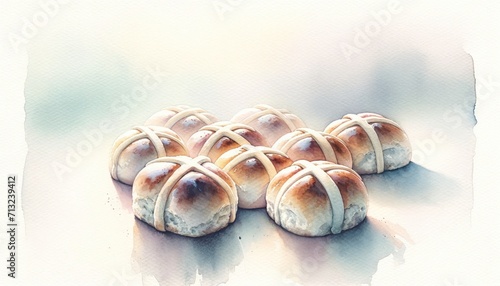 Easter. Good Friday. Hot cross buns on a white background. Digital watercolor painting.