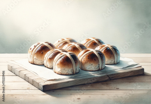 Easter. Good Friday. Traditional hot cross buns on a wooden board. Toned.