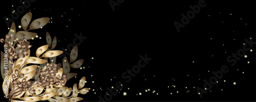 Vector art deco luxury flower, leaves line pattern, golden background. Golden botany banner. Japanese style Hand drawn vector. Line art style design. Hand drawn florals for packaging,coveand wall arts