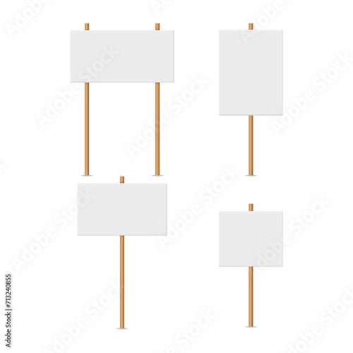 vector with blank display banners on wooden stick. Blank white banners of various shapes