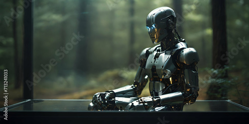 1970s photo 35mm iso 200 scratches and dust chromatic aberration slow shutter speed, a minimalist, monochromatic humanoid robot sitting inside a glass box, in a dark forest at night, ai generative