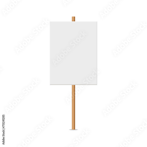 vector with blank demo banner on wooden stick. blank white rectangular banner