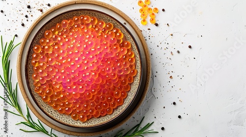 Top view of a bowl of raw caviar fish egg with a big copy space on white backdrop, Generative AI.