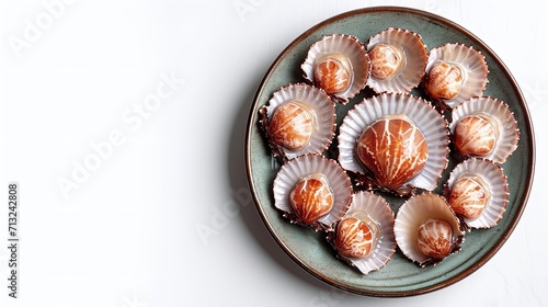 Top view of a plate of raw sea urchin with a big copy space, Generative AI.