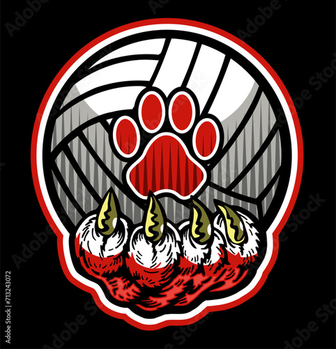 mascot claw holding volleyball with a paw print for school, college or league sports
