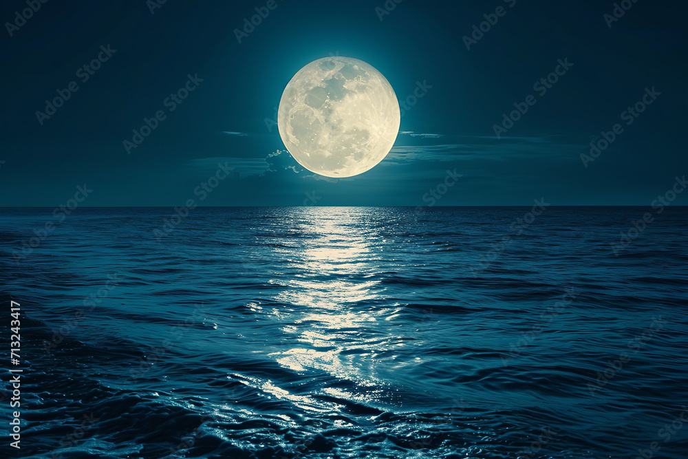  the majestic sight of a full moon rising over a tranquil lake, its reflection shimmering on the water's surface, creating a serene and mystical atmosphere in the night