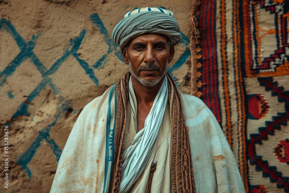 Egyptian old man in national clothes from history of Egypt realistic full length photography texture. Egyptian man portrait. Horizontal format