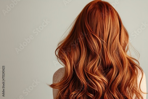 Viewed from behind, long red hair flows in naturally developing waves, space, Generative AI. photo