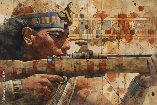 Egyptian soldier history. War history of Egyptian in watercolor colors Illustration. Egypt history watercolor paint Illustration. Horizontal format