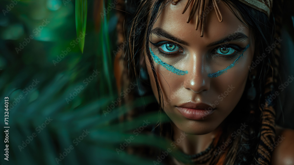 Beautiful face of an Amazon girl, against the backdrop of a tropical forest Beautiful face of an Amazon girl, against the backdrop of a tropical forest