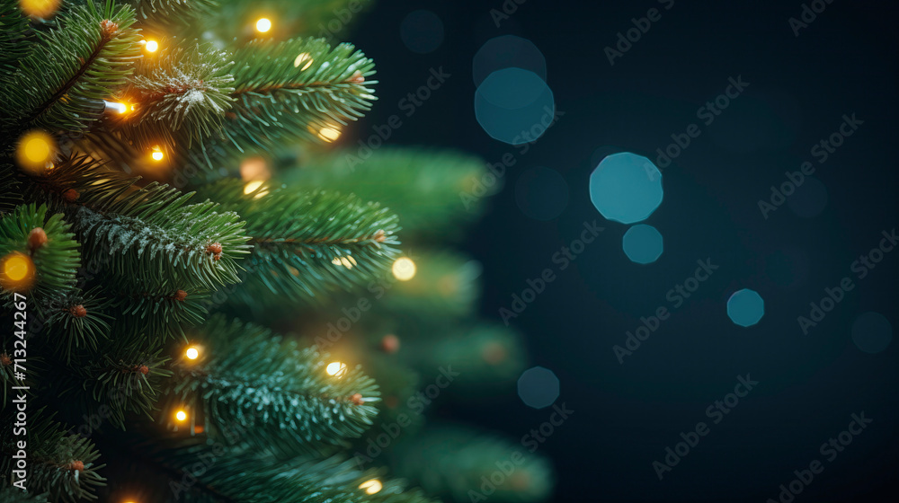 Green spruce branches with garland lights on a blurred blue evening background. Christmas tree decoration. New Year's decor, holiday. Empty space for your text, congratulations. Branches close up Green spruce branches with garland lights on a blurred blue evening background. Christmas tree decoration. New Year's decor, holiday. Empty space for your text, congratulations. Branches close up