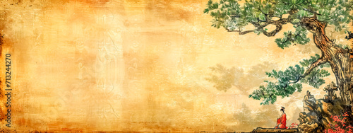 traditional Japanese-style painting depicting a solitary red figure, meditating under an ancient pine tree, with a subtle, faded depiction of a village in the background, tranquility and timelessness. photo