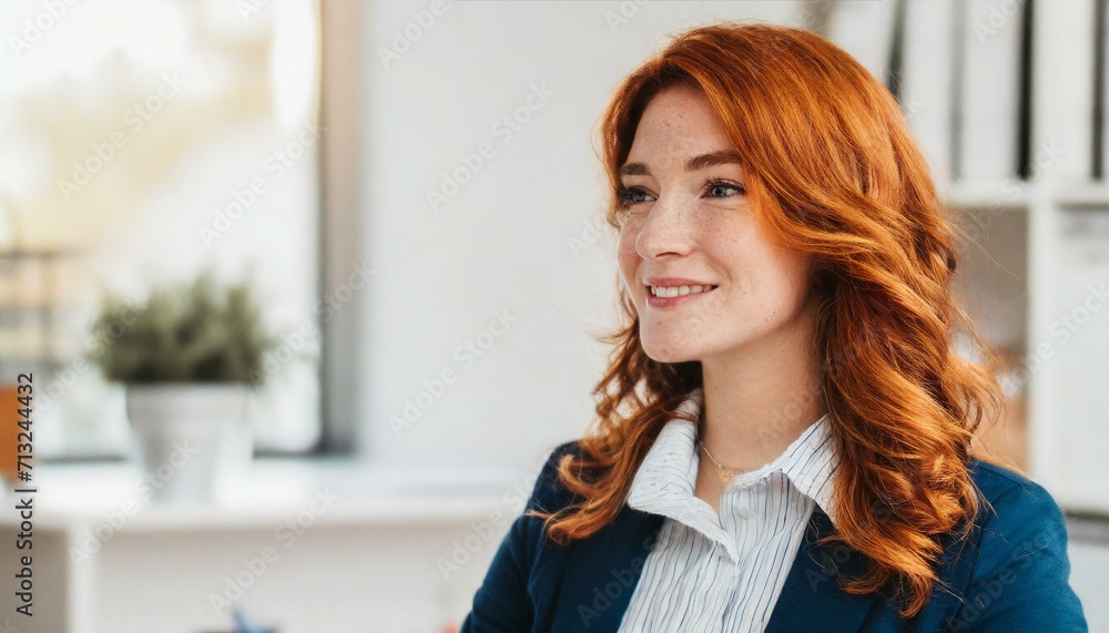 A red head girl in the office, smiling. Space on the left for copy. Image for social media. A red head girl in the office, smiling. Space on the left for copy. Image for social media.