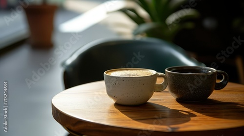 Two ceramic coffee cups on a sleek café with copy space.