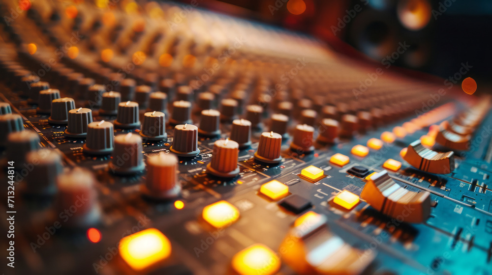 Fototapeta premium A close up view of sound mixer console in a recording studio